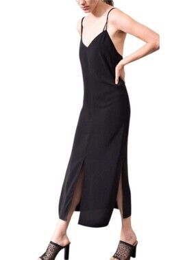 The Coverii Lea Spaghetti Strap Slip Dress Black Front Slit Midi Length